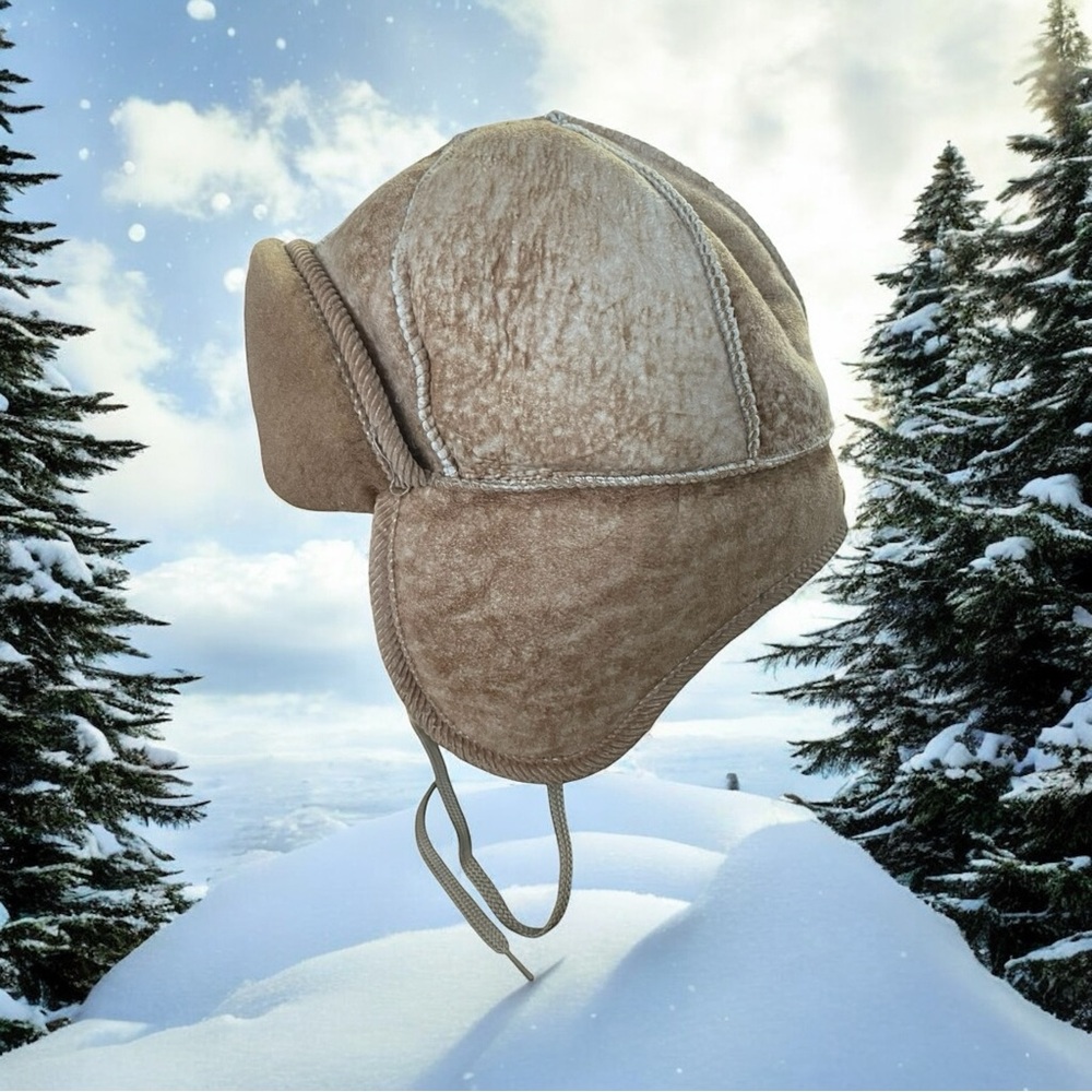 Winter Kids Suede Tan SHEARLING LINED WINTER SHEEPSKIN HAT SIZE Large